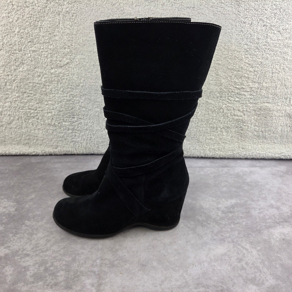 Serendipity Black Suede Leather Wedge Mid Calf Boots Strappy Wrap Detail 8M